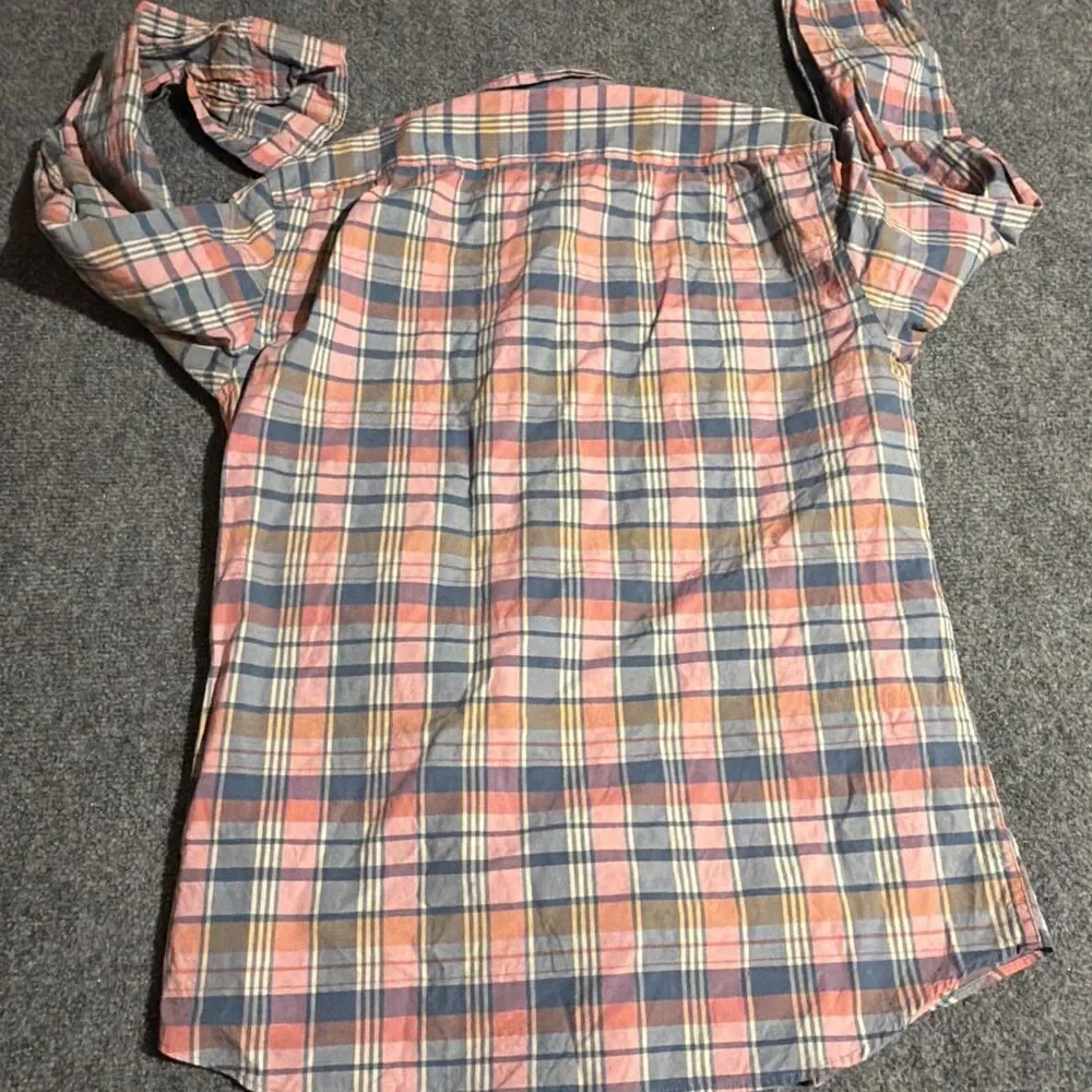 J Crew Shirt Mens Small Pink Plaid Slim Untucked Button Down Flex Washed